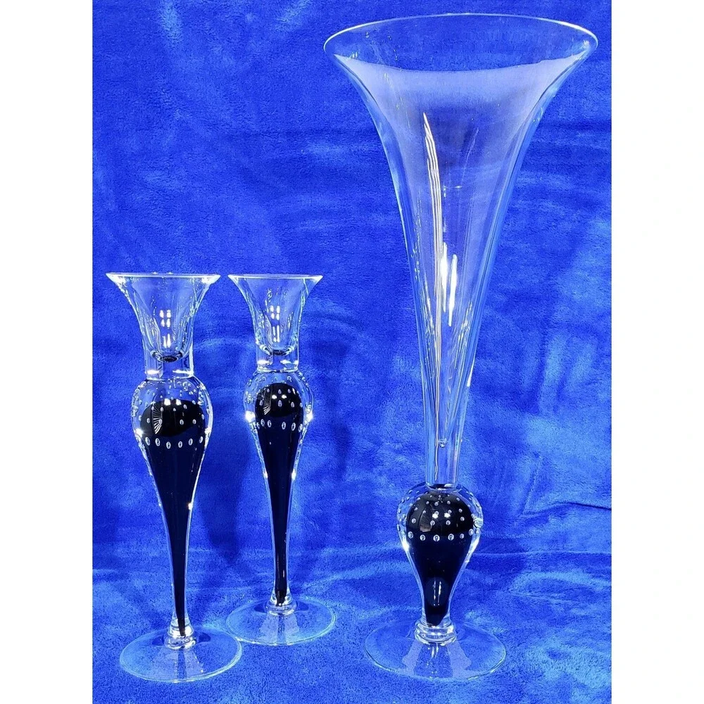 Beautiful Signed Clear Controlled Bubble Glass Trumpet Vase & Candle Holders